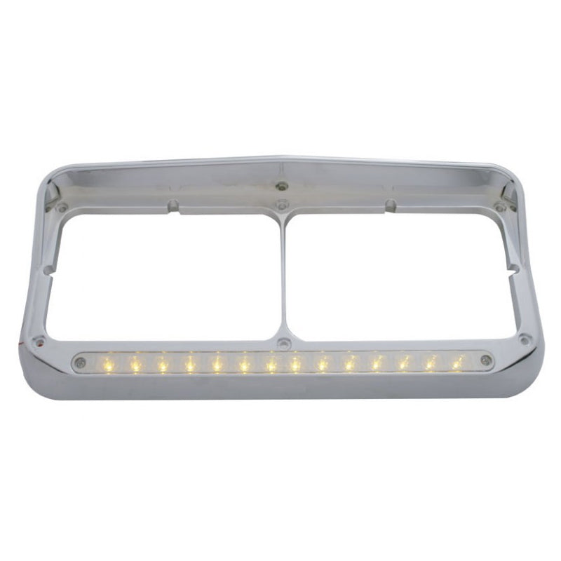 Chrome plastic dual rectangular headlight bezel w/visor, amber LED turn signal - chrome lens