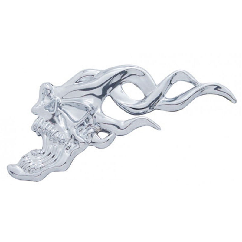 Chrome plastic 3D laughing flaming skull - Faces LEFT