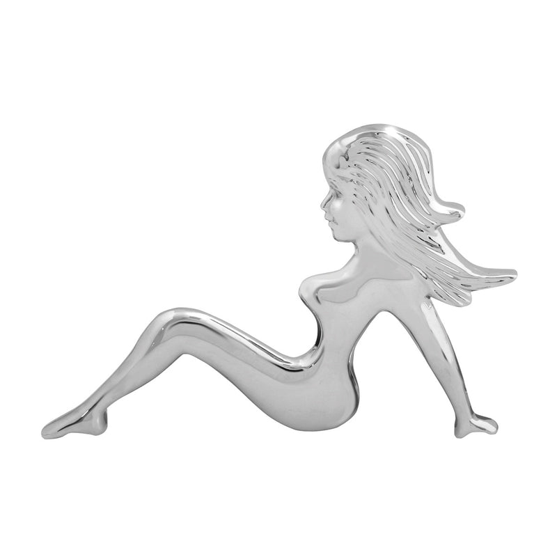 Chrome plastic 3D sitting mudflap girl - tape mount - Faces Left