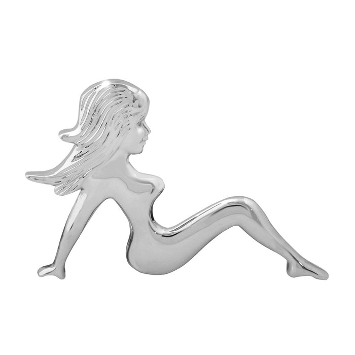 Chrome plastic 3D sitting mudflap girl - tape mount - Faces Right