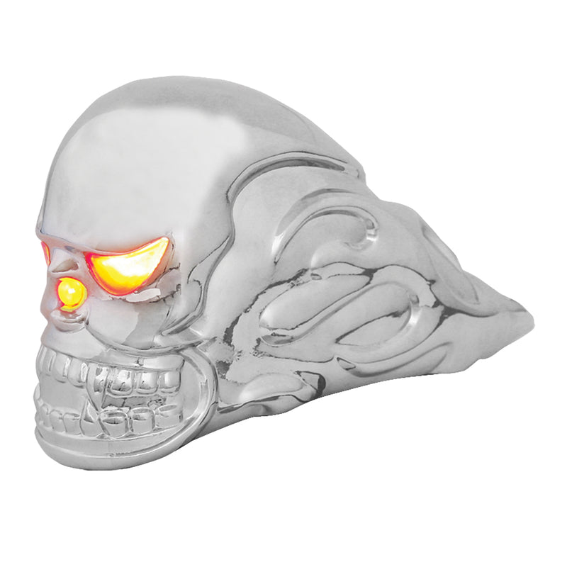 Flaming Skull chrome hood ornament w/amber incandescent lighted eyes