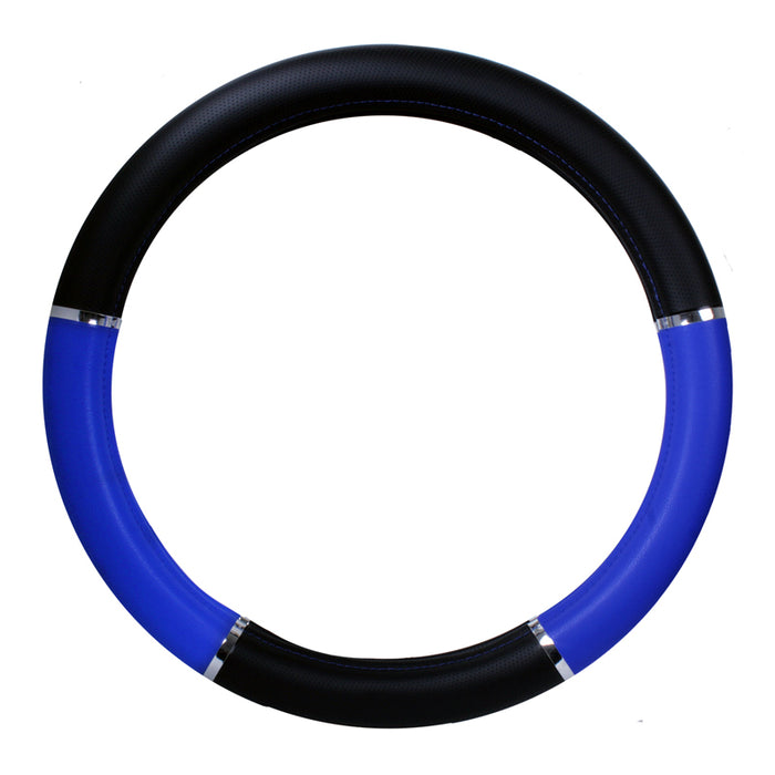 18" deluxe steering wheel cover - black and blue w/chrome trim