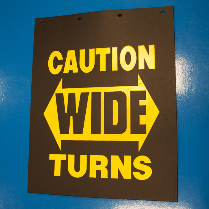 Caution Wide Turn 24" x 30" black poly mudflap w/yellow logo