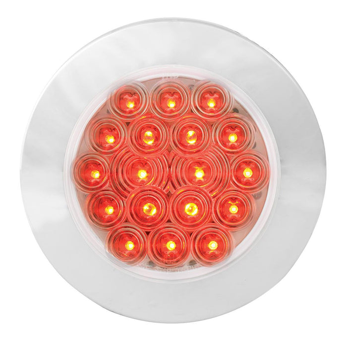 "Fleet" Red 4" round 18 diode LED surface mount stop/turn/tail light w/Twist N Lock chrome bezel, 3 wires (no plug) - CLEAR lens