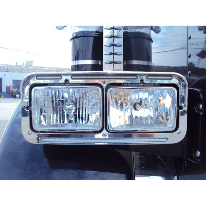 Flatline chrome plastic dual rectangular headlight bezel with white LED auxiliary light