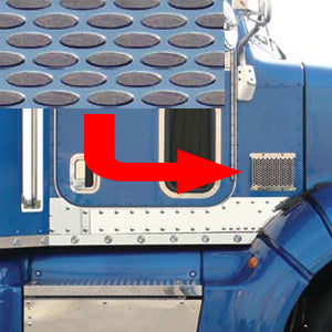 Peterbilt 386 stainless steel cab air intake grill screen w/oval holes - passenger's side