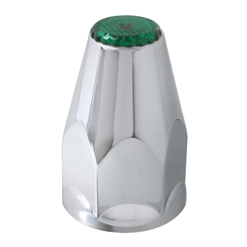 33mm chrome plastic threaded lugnut cover w/green reflector