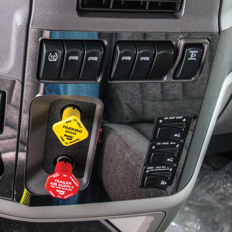 Peterbilt 579 stainless steel air valve/main switch panel trim w/hole for 3 lower switches