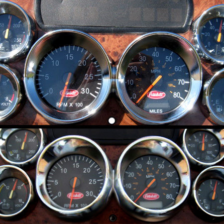 Peterbilt 387 chrome plastic dual speedometer/tachometer large gauge bezel w/visor