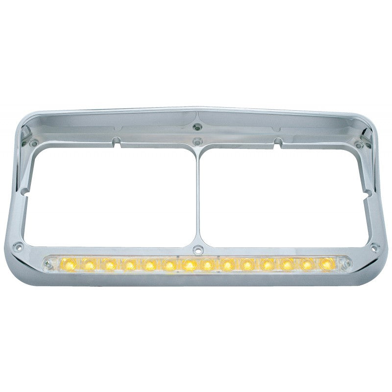 Chrome plastic dual rectangular headlight bezel w/visor, amber LED turn signal - CLEAR lens
