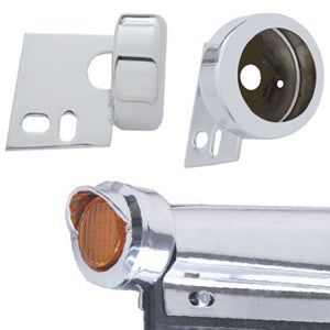 Chrome bracket w/2" round light hole for mudflap hanger ends