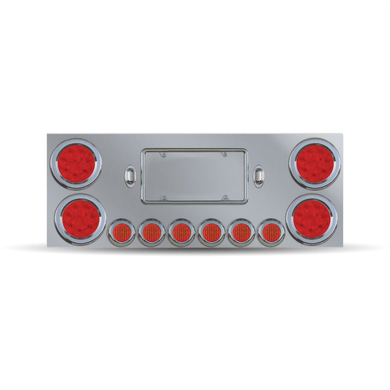 12" stainless steel rear center panel w/back, 4 round 4", 6 round 2" LED lights, grommets, wiring, chrome bezels + license plate frame and lights