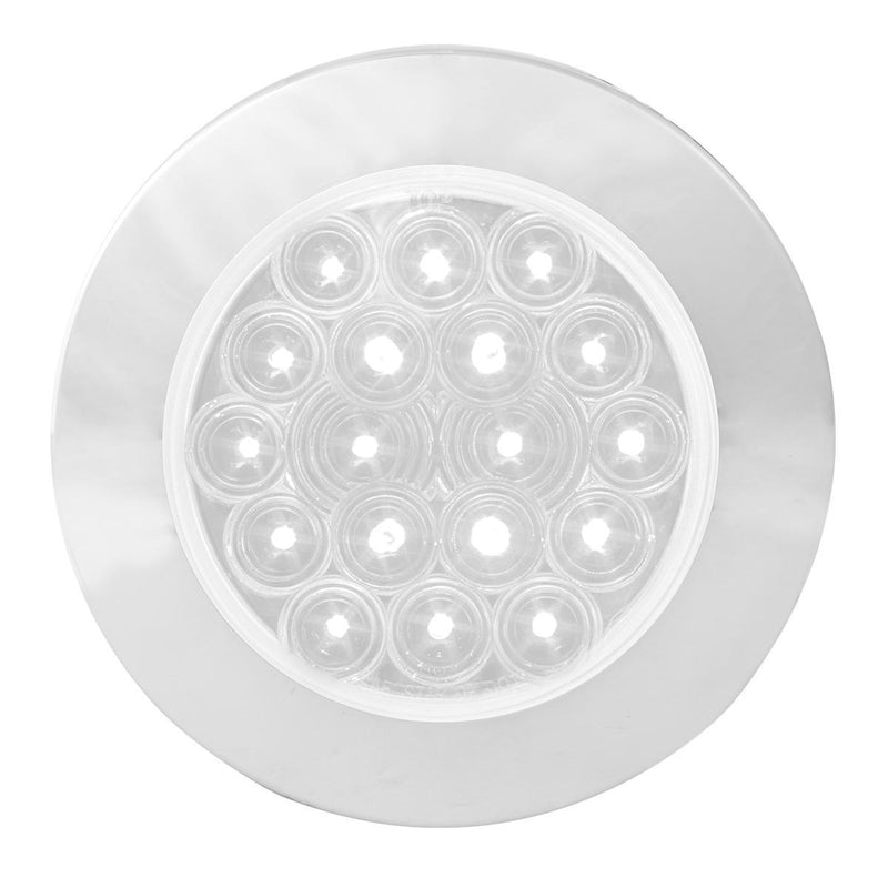 "Fleet" White 4" round 18 diode LED surface mount backup/reverse light w/Twist N Lock chrome bezel, plain wires (no plug)