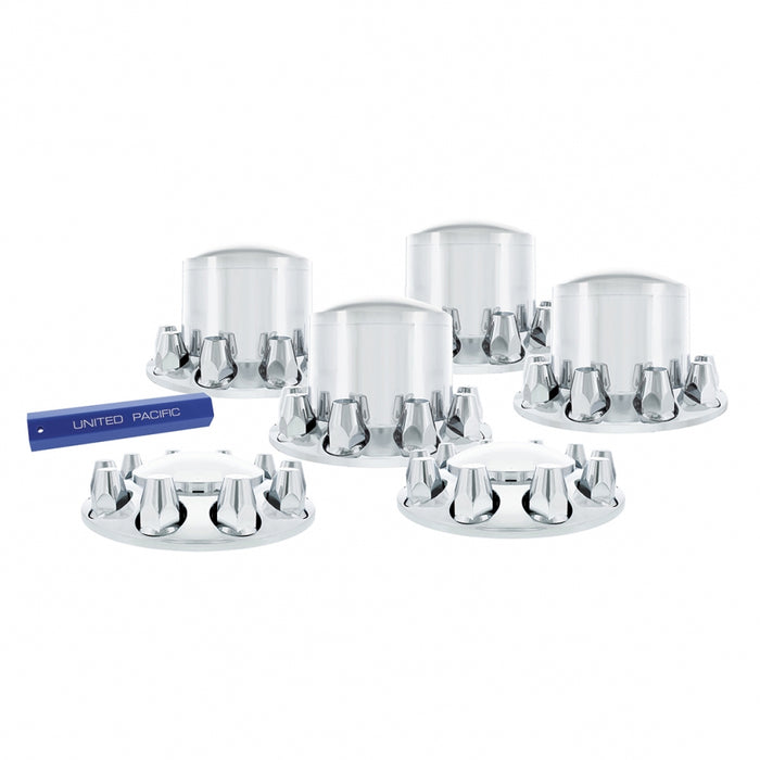 Economy full set of 6 chrome plastic axle covers - 2 steers, 4 drives, plus installation tool
