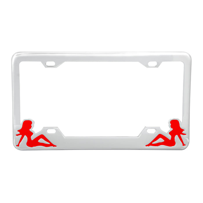 Chrome license plate frame w/red mudflap girl design