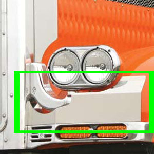 Peterbilt 379 stainless steel rock guards for double round headlights and JJ brackets