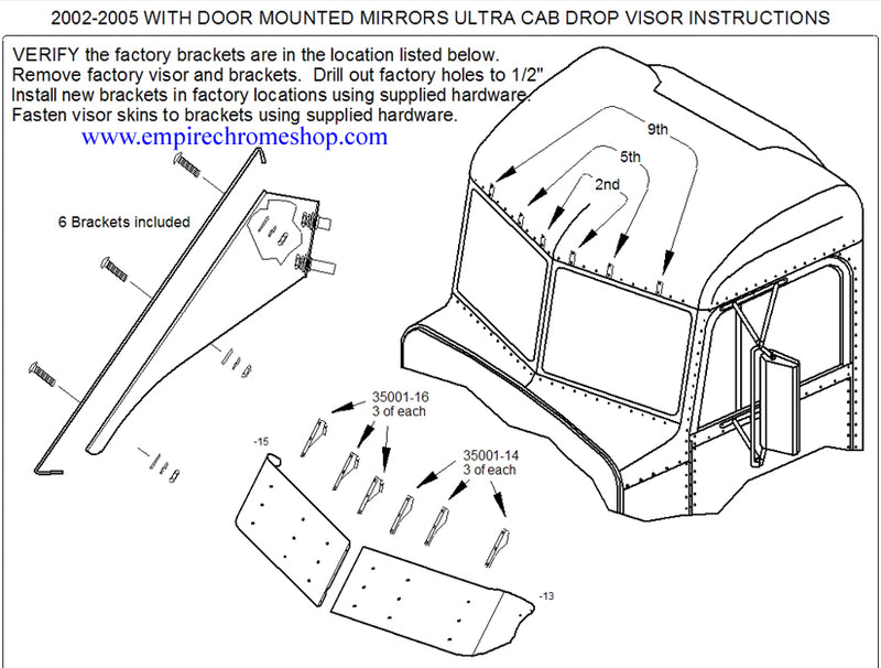 Peterbilt 379 2002-2005 Ultracab 14.5" stainless steel visor
