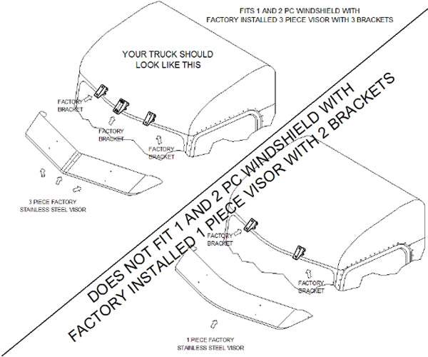 Kenworth T600 / T800 / W900 -2006 w/curved windshield stainless steel 13" drop visor