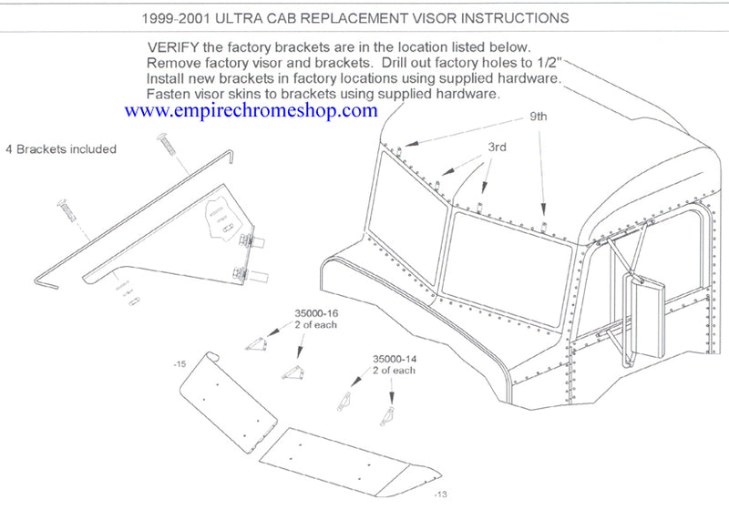 Peterbilt 379 1999-2001 UltraCab 14.5" stainless steel drop visor
