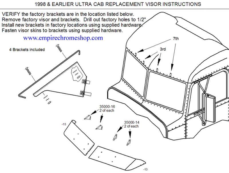 Peterbilt 379 -1998 UltraCab 14.5" stainless steel drop visor