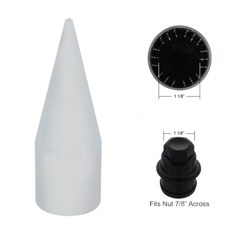 7/8" chrome plastic push-on extra-long spike lugnut cover - SINGLE, 4" tall