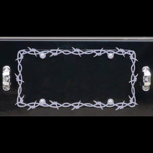 Stainless steel license plate frame w/barbed wire design