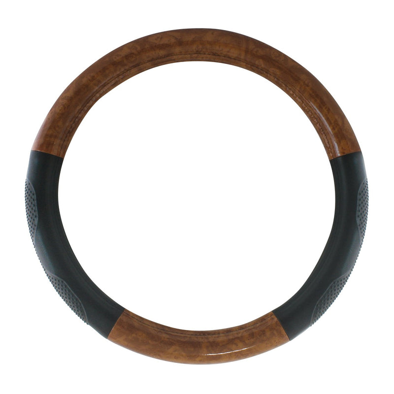20" deluxe steering wheel cover - black w/dark wood trim and hand grips