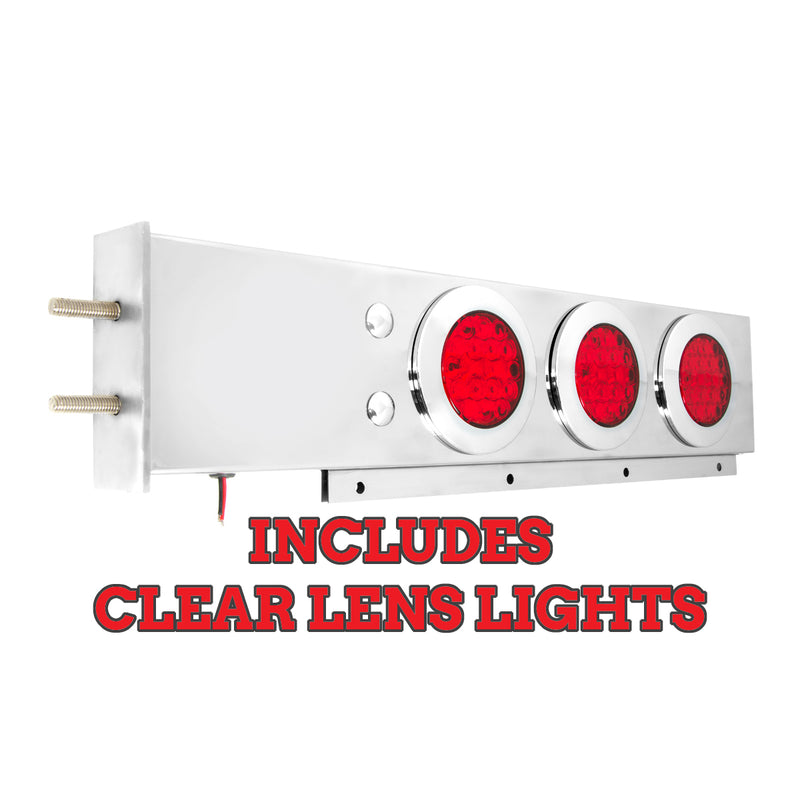 Stainless steel mudflap hanger w/6 round "Fleet" 4" Red LED lights (CLEAR lens) and chrome twist-lock bezels