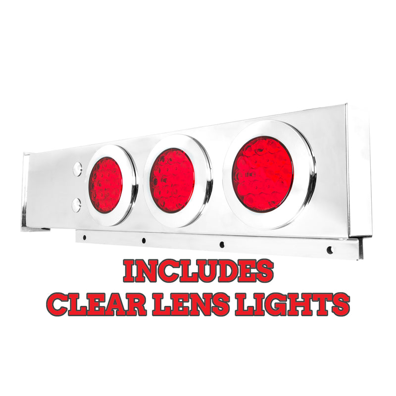 Stainless steel mudflap hanger w/6 round "Fleet" 4" Red LED lights (CLEAR lens) and chrome twist-lock bezels