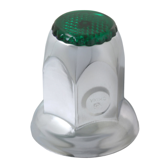 33mm chrome steel lugnut cover w/flange and dark green reflector