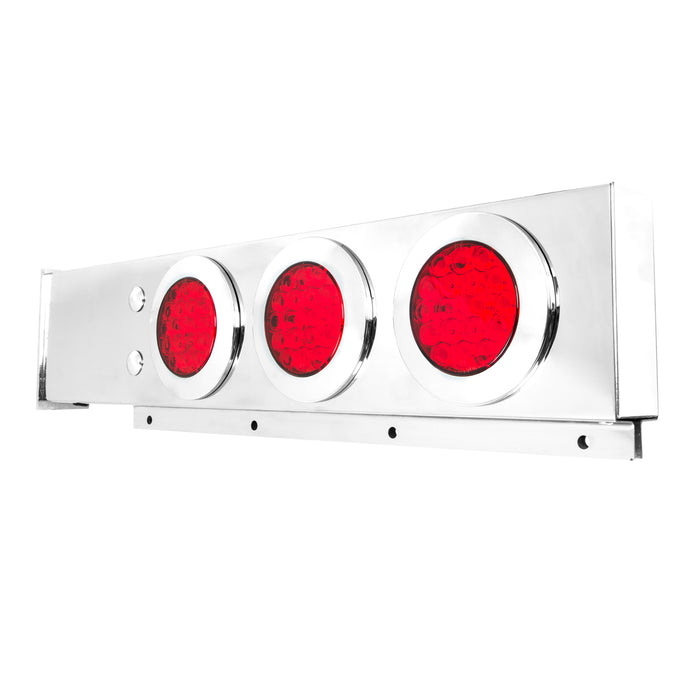 Stainless steel mudflap hanger w/6 round "Fleet" 4" Red LED lights and chrome twist-lock bezels