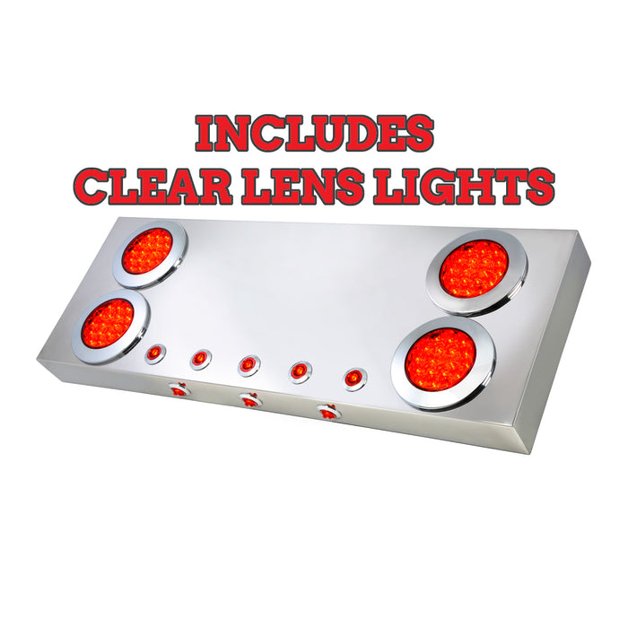 Stainless steel rear center panel w/all CLEAR LENS "Fleet" 4" round red LED lights and mini-button LED lights w/under glow effect and backing plate
