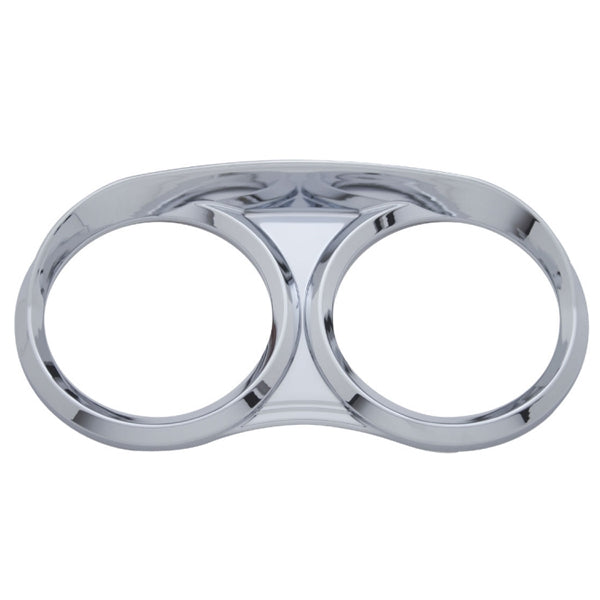 Peterbilt 386/389 chrome plastic dual speedometer/tachometer gauge bezel w/visor