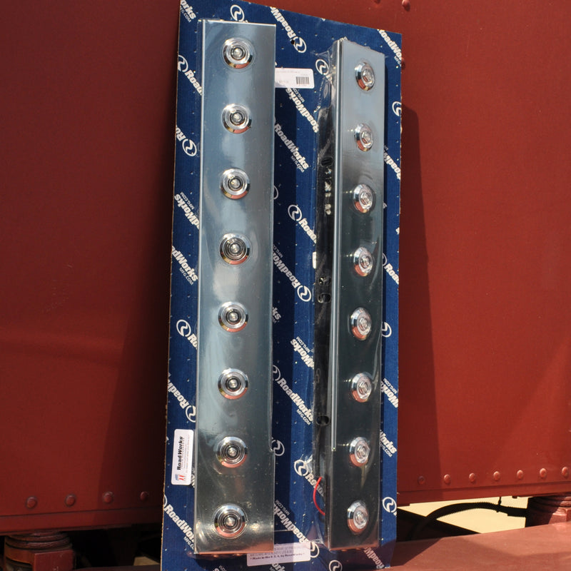 Peterbilt 15" premium Donaldson rear air cleaner brackets w/16 red LED bullseye lights, CLEAR lens w/chrome bezels - PAIR