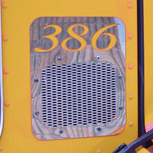 Peterbilt 386 stainless steel cab air intake grill screen w/oval and "386" holes