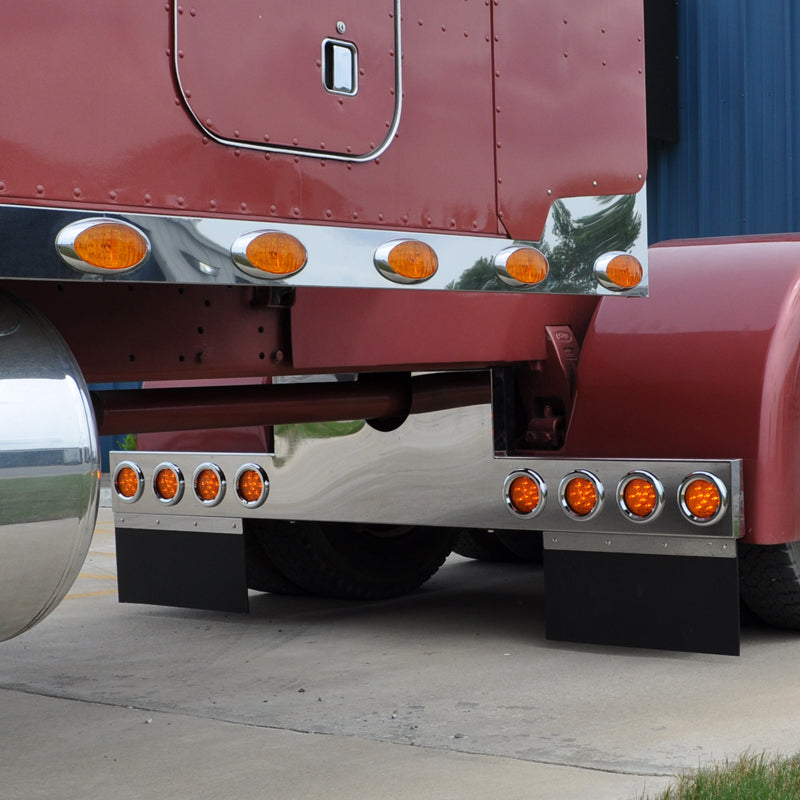 Peterbilt 34" tall stainless steel forward-facing under frame light bar with notch for drive shaft - 8 round 4" light holes