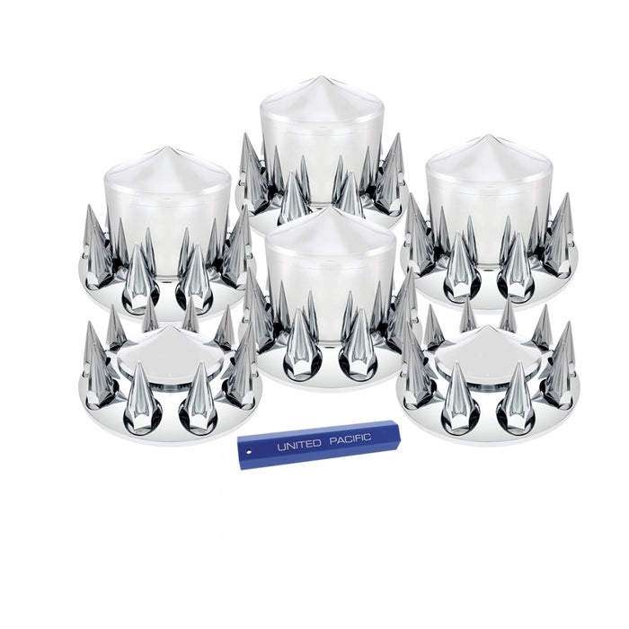 Pointed/Spiked full set of 6 chrome plastic axle covers - 2 steers, 4 drives, plus installation tool