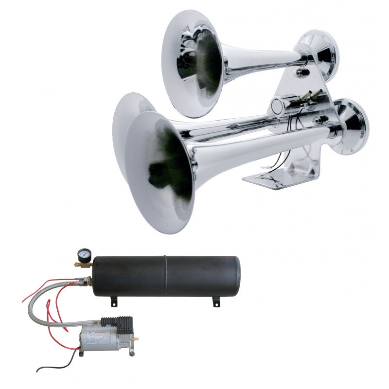 Chrome 3-bell train horn kit w/compressor and air tank