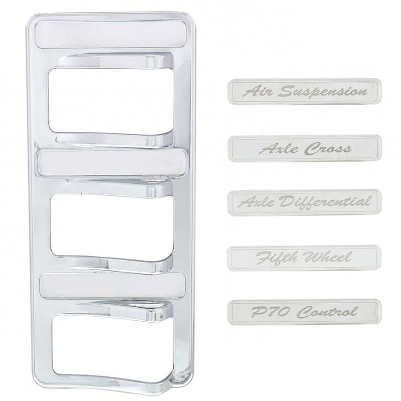 Peterbilt 567/579 chrome plastic rocker switch panel w/stainless steel nameplates - 3 switches