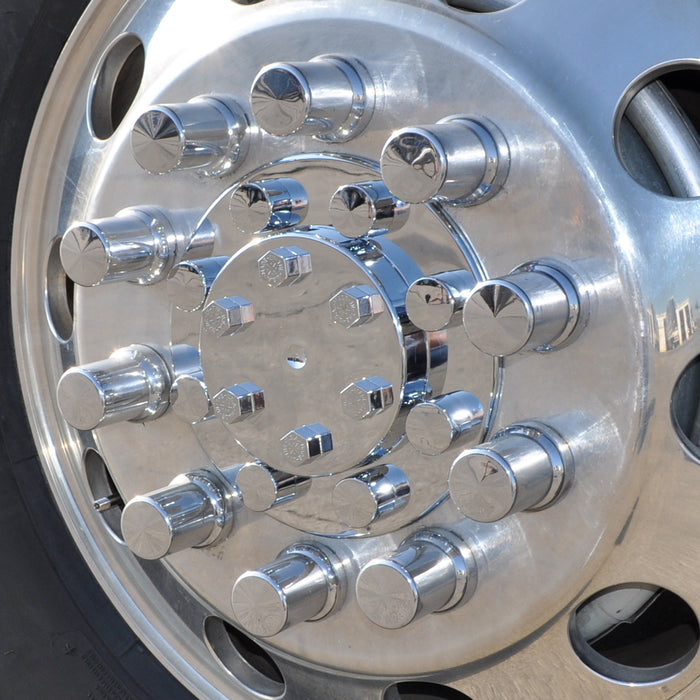 Chrome plastic front axle cover w/faux lugnut covers