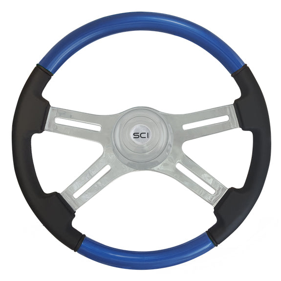 "Classic Blue" painted wood 18" steering wheel w/leather grips - 3 hole style