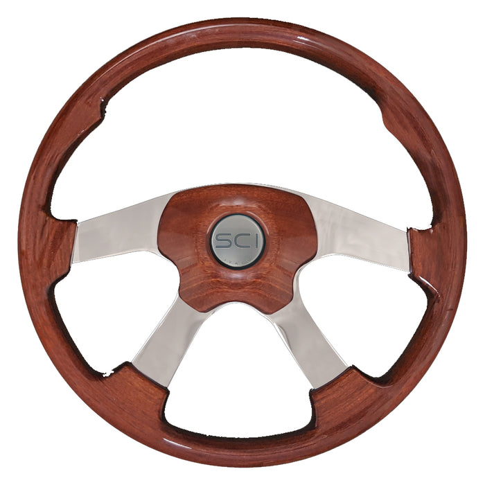 "Wildwood Dark Mahogany" 18" stained wood steering wheel w/4 chrome spokes - 5 hole hub