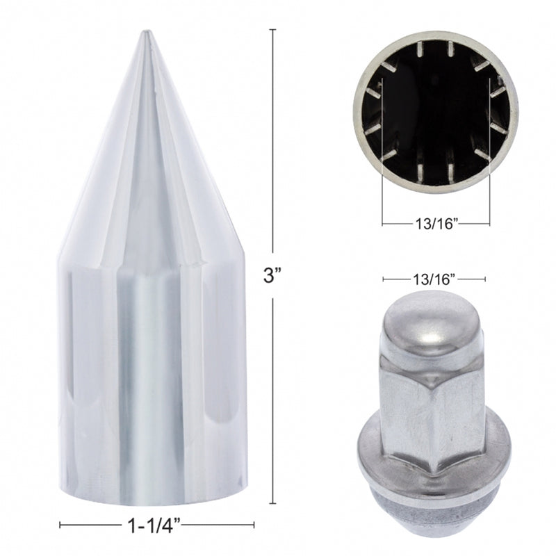 1-1/4" chrome plastic push-on extra-long spike lugnut cover - SINGLE, 3" tall