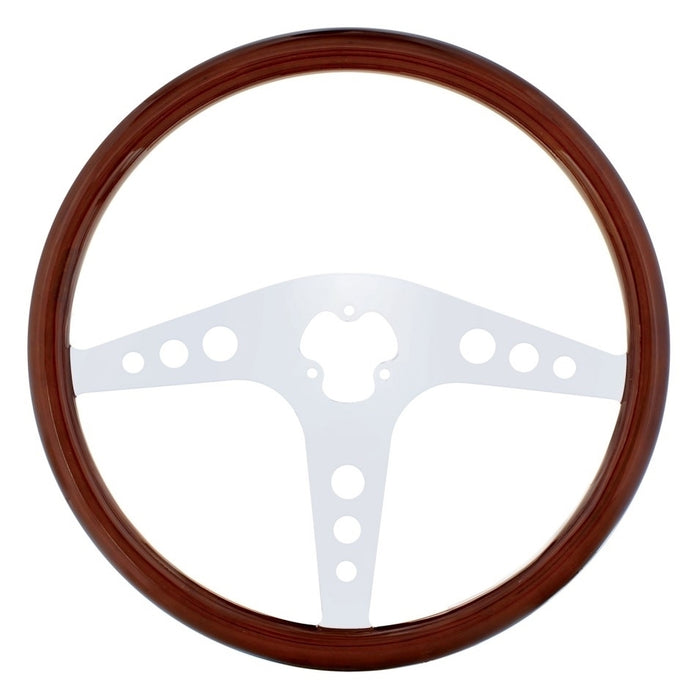 "GT" wood rim 18" steering wheel w/chrome spokes - 3 hole style