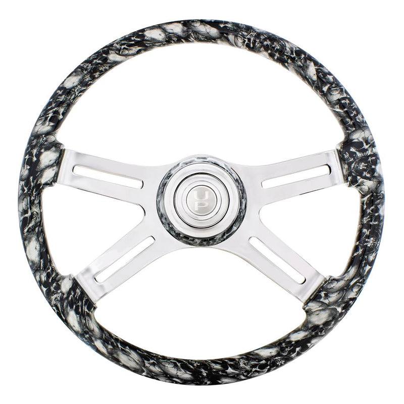 "White Skulls" painted wood 18" steering wheel w/chrome spokes - 3 hole style