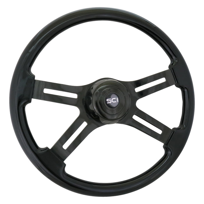 Phantom all-black painted wood 18" steering wheel - 3 hole style