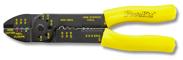 All-in-one wire terminal crimping tool with wire stripper and cutter, 22-10 AWG
