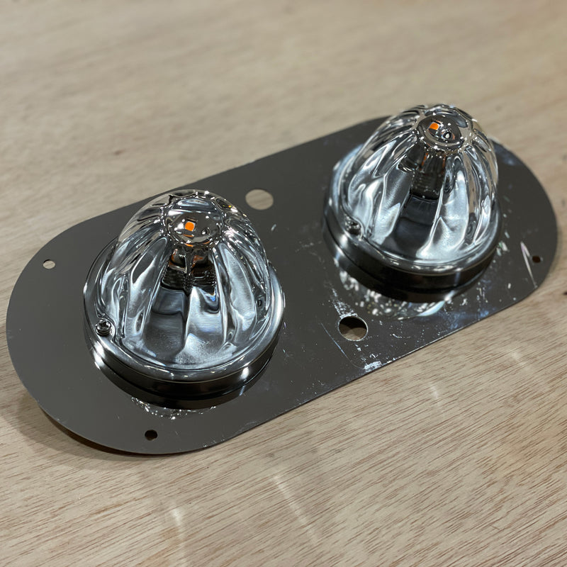 Peterbilt 359/379/389 or Kenworth W900L stainless steel above door dome light plate w/2 watermelon light holes, with 2 switch holes