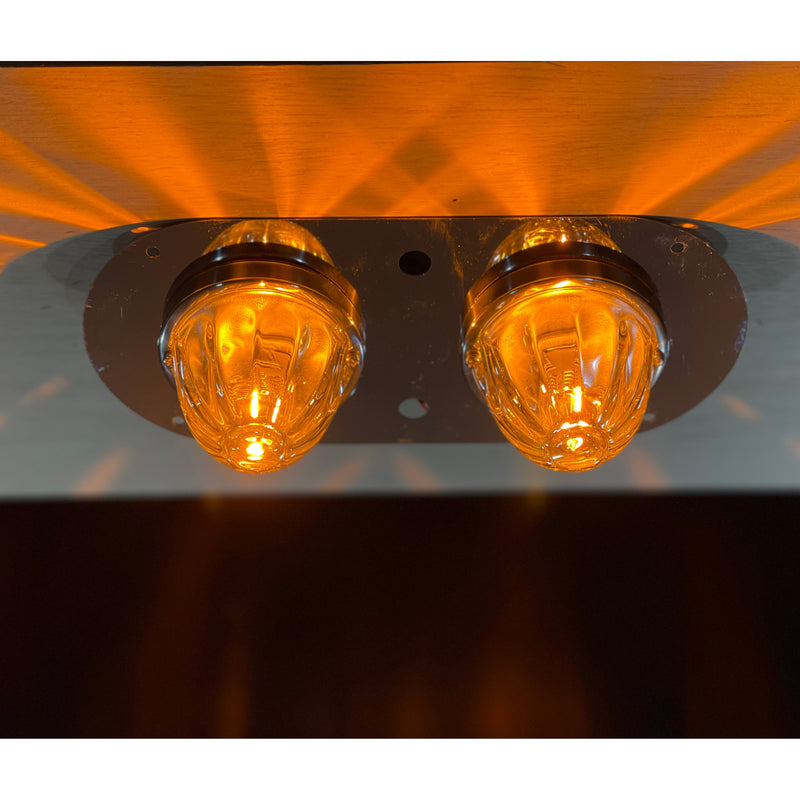 Peterbilt 359/379/389 or Kenworth W900L stainless steel above door dome light plate w/2 watermelon light holes, with 2 switch holes