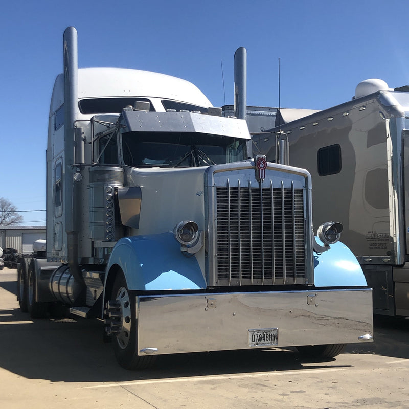Kenworth W900L premium 8 gauge chrome 20" boxed end bumper w/standard tow, step, & mounting holes
